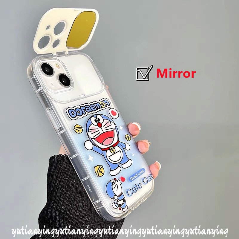 IPHONE Casing Ponsel Cermin Make Up Flip Kreatif Kompatibel Untuk Iphone11 7 8 Plus XR 14 12 13 Pro MAX X XS MAX SE 2020 Kartun Kucing Lucu Doraemon Shockproof Soft TPU Cover