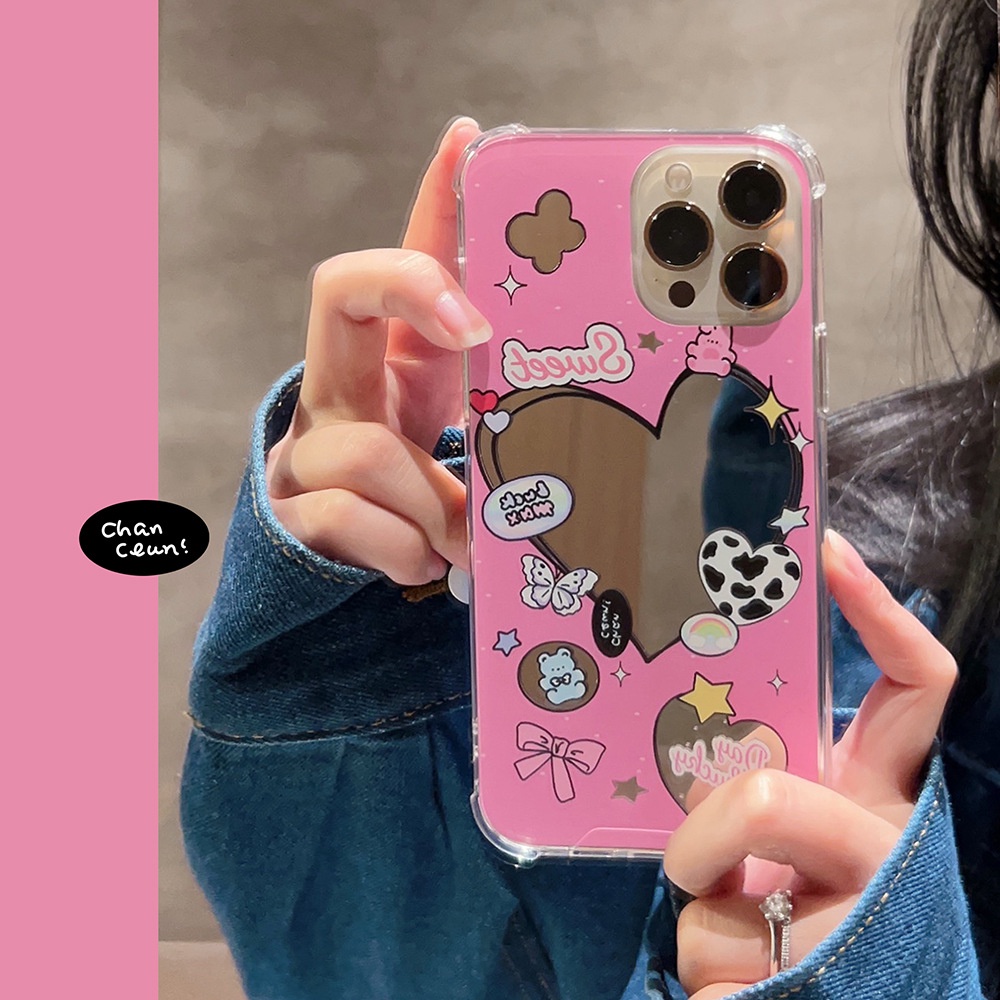 Cute Pink Love Bear Kartun Make Up Cermin Silikon Case Untuk Iphone SE 2020 7 /8 Plus 14x XR XM 11 12 MINI 13 PRO MAX Casing Cover Pelindung AT0077