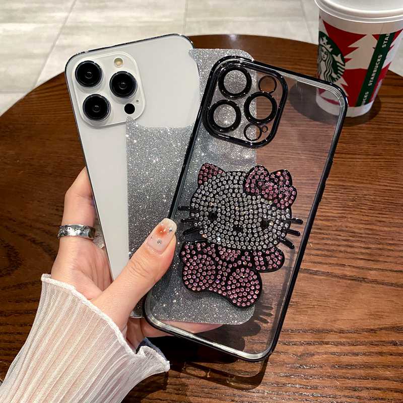 For iPhone 11 12 13 14 Pro Max Bling Bling Sparkly Diamond Hello Kitty Rhinestone Case Luxury Soft Silicone Gradient Women‘s Fashion