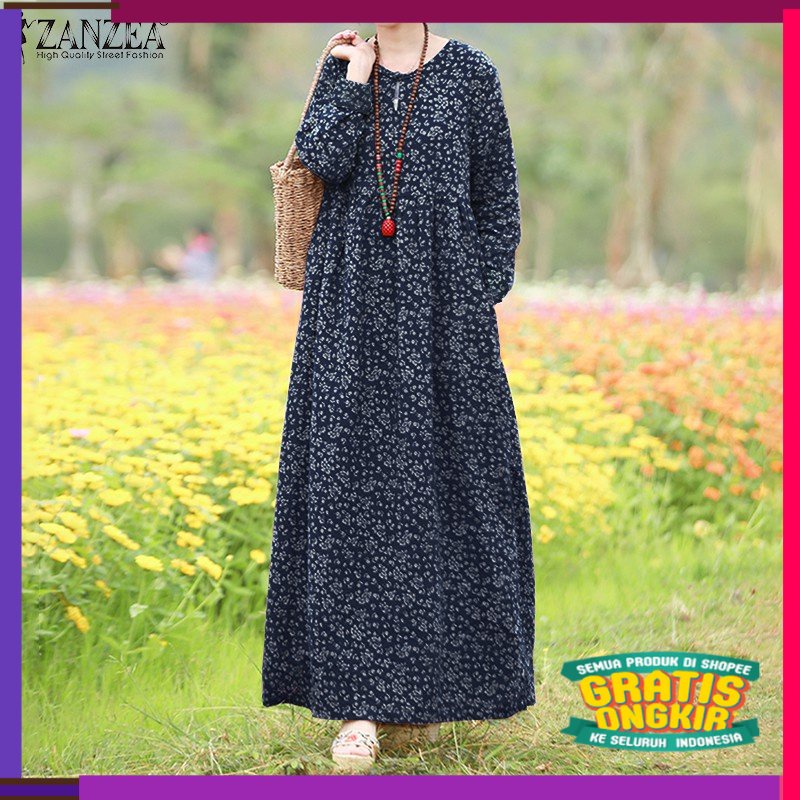 MUSLIM SERIES RAYA Women Long Sleeve Floral Printed Vintage Crew Neck Maxi Dress