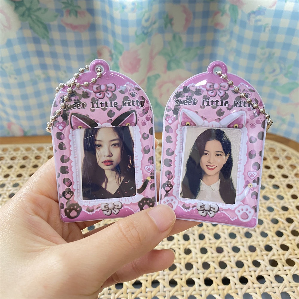 Ins Style Telinga Kucing 3.3 cm ID Foto Kepala Besar Stiker Card Holder Cute Bow Pendant Key Chain Star Chasing Love Beans