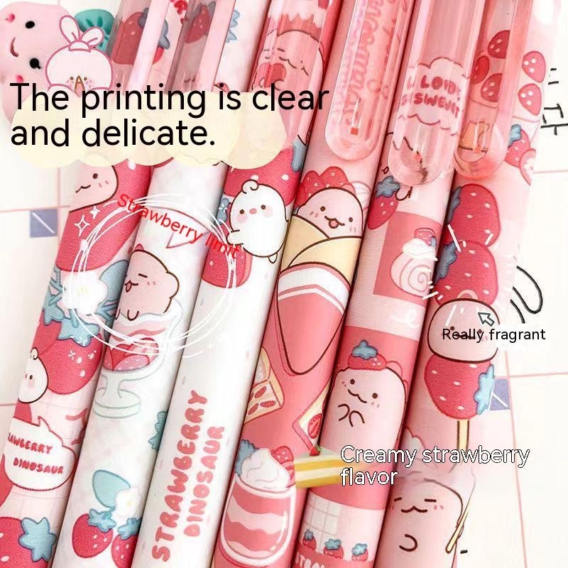 Kartun Strawberry Dinosaurus Press Pen/Kawaii 0.5mm Tinta Hitam Gel Pulpen/Alat Tulis Kantor Sekolah Pena Netral Persediaan