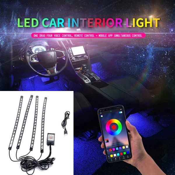 Lampu LED Strip Flexible Car Light Smart App USB 8 Color 4 PCS Lampu Interior Mobil Atur Warna Smartphone