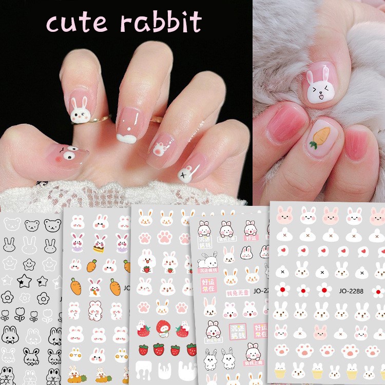 1lembar Lovely Rabbit Nail Art Sticker Lucu Kartun Kelinci Wortel Stiker Gaya Korea Manicure Dekorasi Self Adhesive Nail Decals