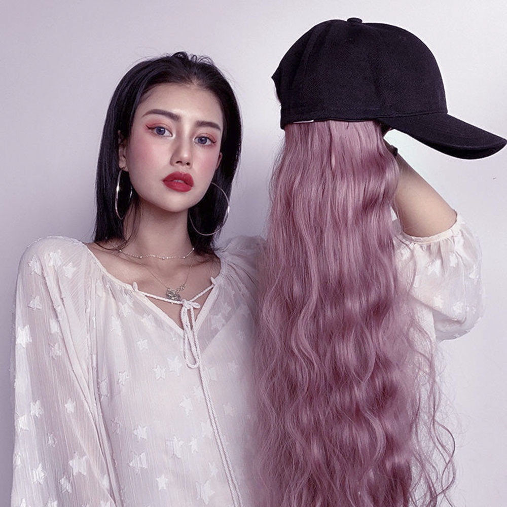 Korea Wig Panjang Topi Baseball One-piece Curly Wig Wanita Perempuan Besar Bergelombang Ekstensi Rambut 65cm