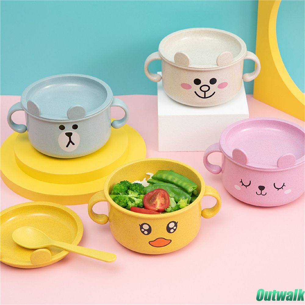 ღ Bayi Feeding Tableware Kartun Bayi Mangkuk dengan Tutup Jerami Gandum Serat Makan Mangkuk Set Dua Telinga Panas bukti Training Bowl Makanan Tambahan Peralatan Makan