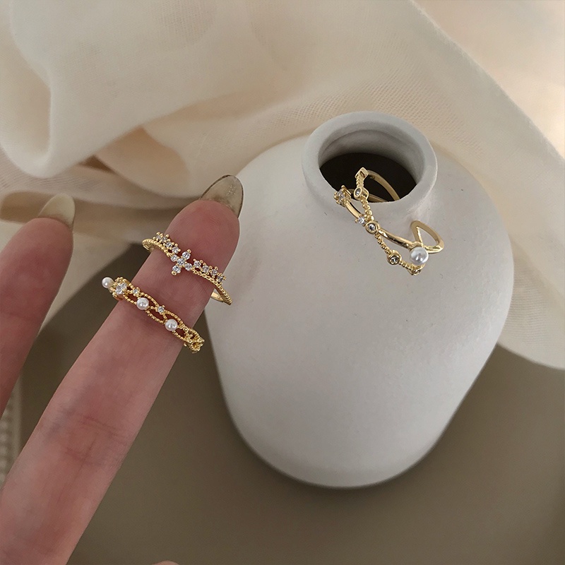 Cincin Mutiara Terbuka Geometris lady's fashion Korea Berkilau Berlian Mahkota