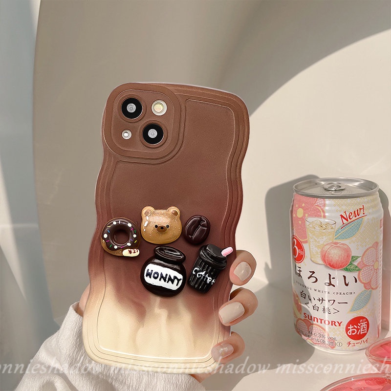 REDMI Ins 3D Lucu Kartun Mainan Beruang Kopi Donat Case Redmi10 9T A1+10A 10C A1 9 9A 9C NFC Note10 11 10s 9s 8 11Pro 9 10Pro 11s POCO M3 X3 NFC Pro Mi 11T Pro Gradiasi Bergelombang Casing Edge