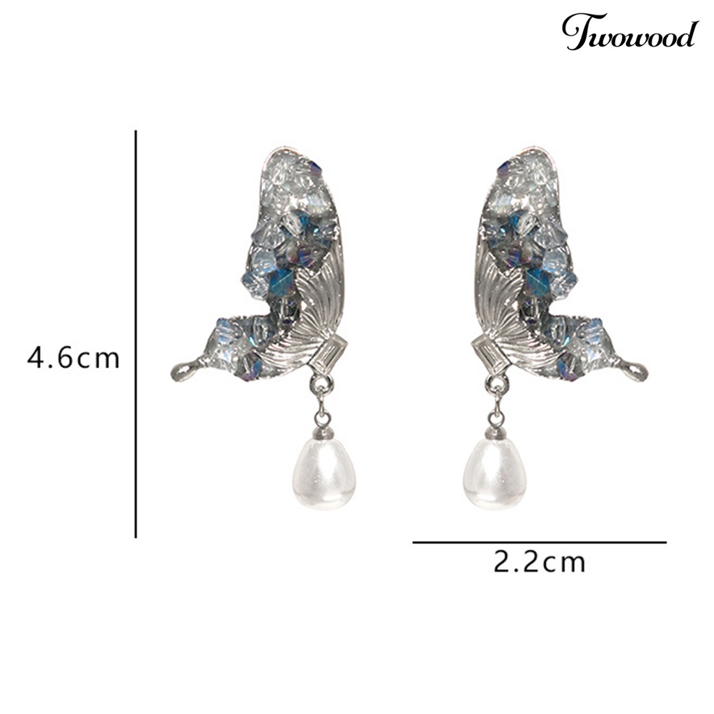 Twowood 1pasang Anting Pejantan Mewah Pola Geometris Electroplating Pendant High Gloss Dekorasi Kilau Terang Fashion Shiny Butterfly Rhinestone Menjuntai Earrings Untuk Tanggal