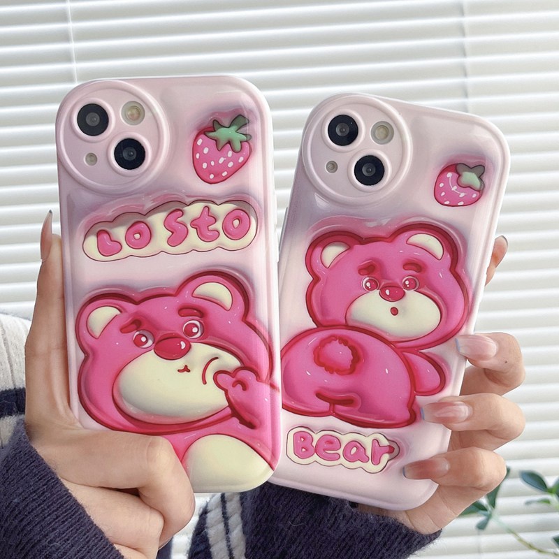 【LOTSO 】Airbag Case for IPhone 6S 7 8 Plus XR XS Max IPhone 11 12 13 14 Pro Max 14 Plus 7+ 8+ Silicone Soft Case Cute Strawberry Cartoon Bear