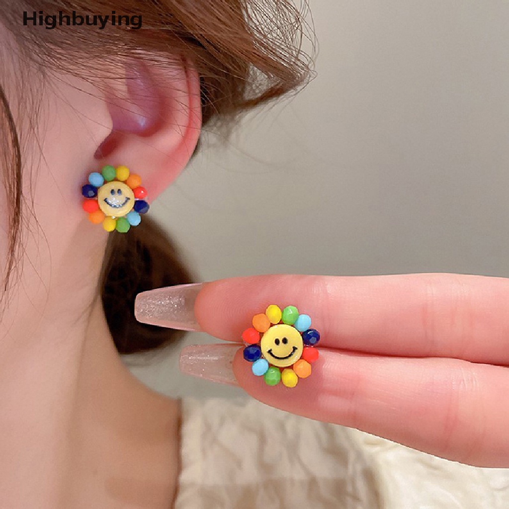 Hbid Anting Manik-Manik Resin Bunga Matahari Warna Acak Asimetris Mutiara Stud Earrings Untuk Wanita Perempuan Korea Fashion Pendientes Glory