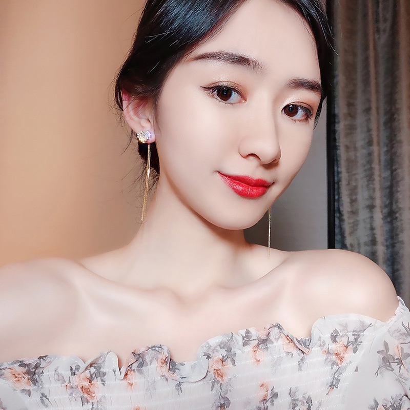 Mutiara Cinta Anting Rumbai Gaya Panjang All-Match Terlihat Wajah Tipis Dua-Pakaian925 Perak Jarum Anting Earrings Earrings