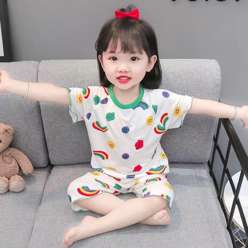 GROSIRTAS TG1683 Setelan Pakaian Rumah Anak Perempuan Lengan Pendek Motif Rainbow Import