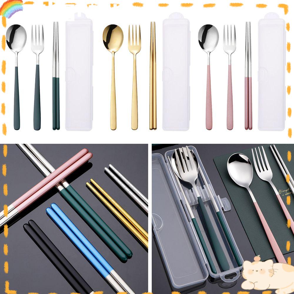 Solighter Sendok Garpu Set Travel Reusable Stainless Steel Aksesoris Dapur Camping Alat Makan