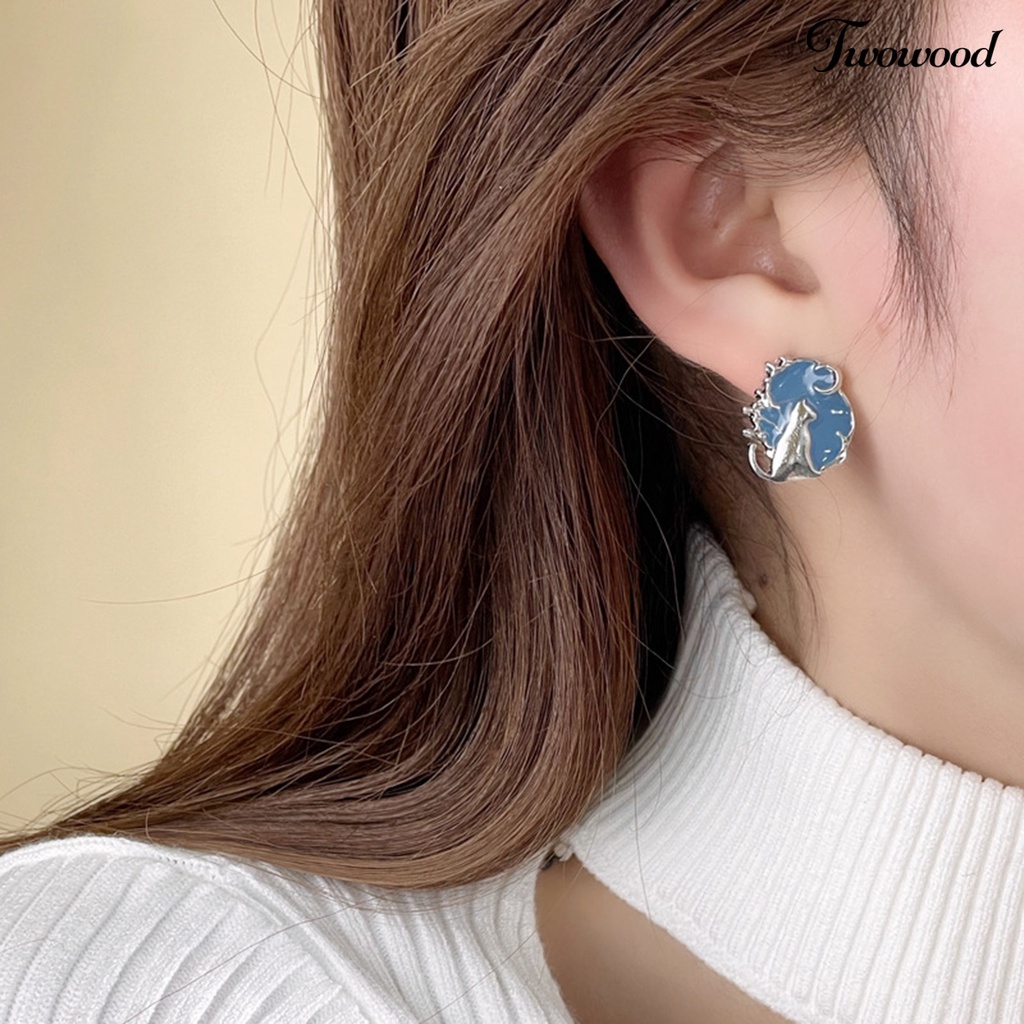 Twowood 1pasang Ear Studs Temperamen Elegan Tidak Teratur Fancy Hypoallergenic Biru Menjatuhkan Minyak Kucing Wanita Anting Perhiasan Fashion