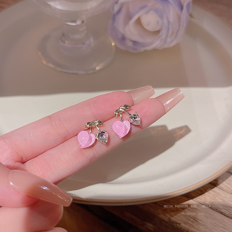 Fashion Honey Peach Earrings Korean Style Small Fresh Pink Love Rhinestone Cherry Earrings