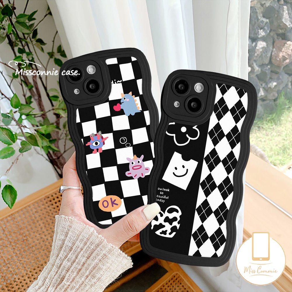 Infinix Hot11 10 9 12 Main 11s 20s 10T 20 8 10Lite 12i Smart5 4 6 Plus Note12 12Pro 12 G96 8 10Pro Hot 10s 11s Kartun Little Monster Papan Catur Diamond Wavy Edge Soft Cover