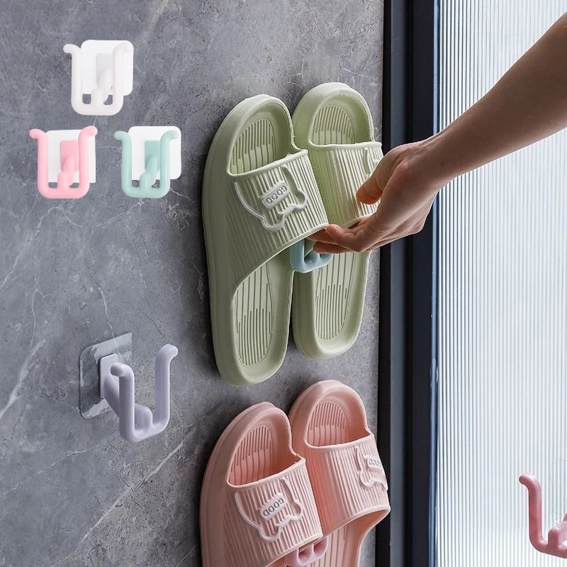 Gantungan Handuk Kalung Kunci Sandal Tempel Dinding Drain Rack Bantalan Kuat Organizer Alat Barang Hemat Tempat Finishing Rak Dua Slot Sepatu Hook Gantung