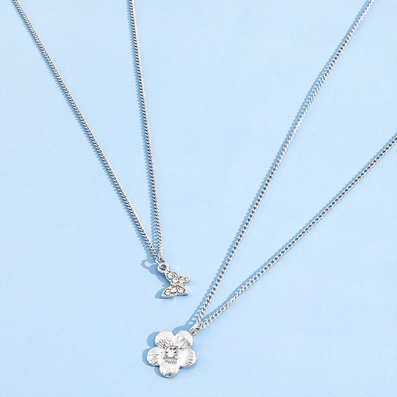 Modis Dan Mewah Liontin Kupu-Kupu Berlian Tiga Dimensi Dengan Kalung Berlapis Ganda, Rasa Desain Kecil INS Gaya Kalung Liontin Bunga Lima Kelopak