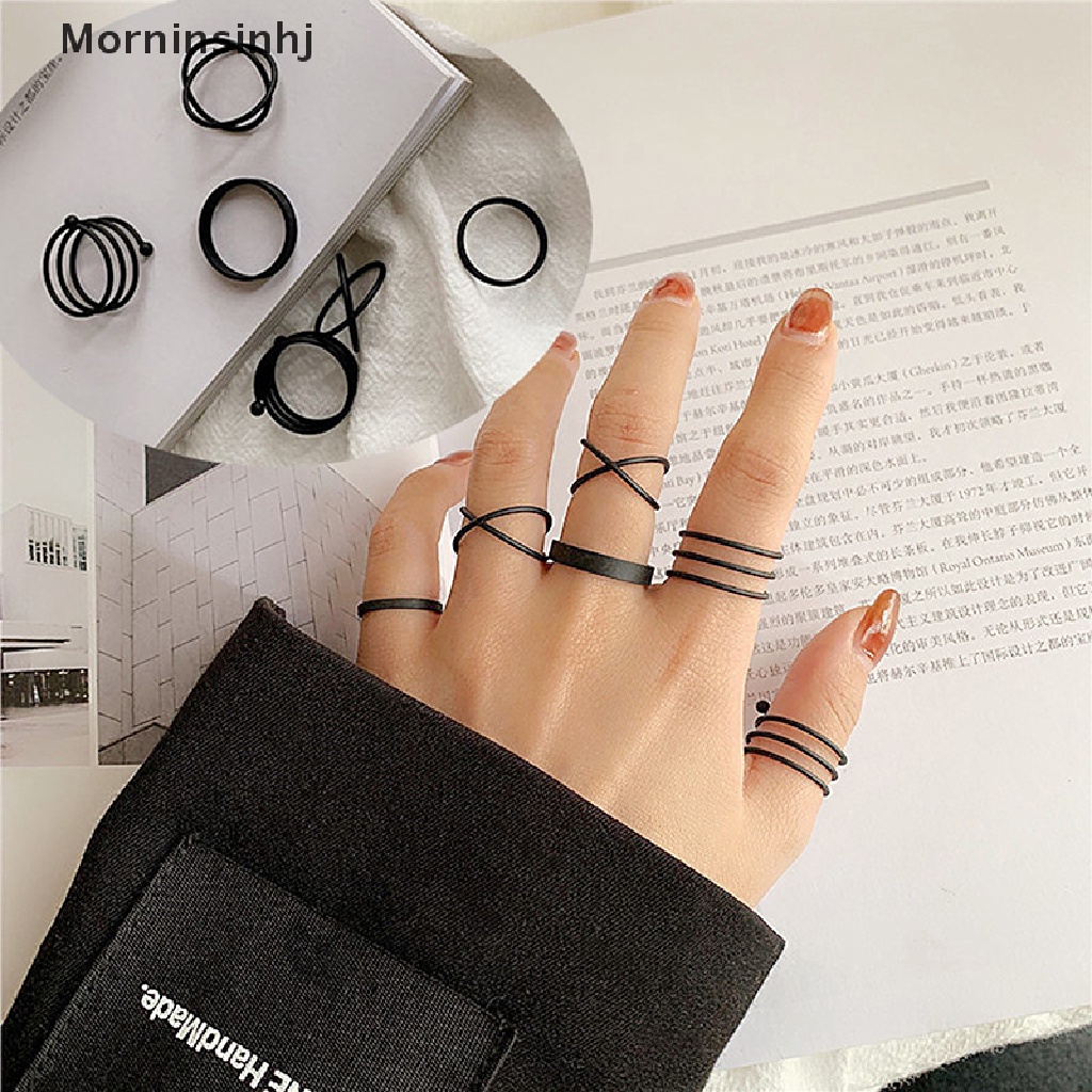 Mornin 3/6pcs Set Cincin Vintage Hitam Untuk Wanita Perempuan Punk Metalik Geometris Simple id