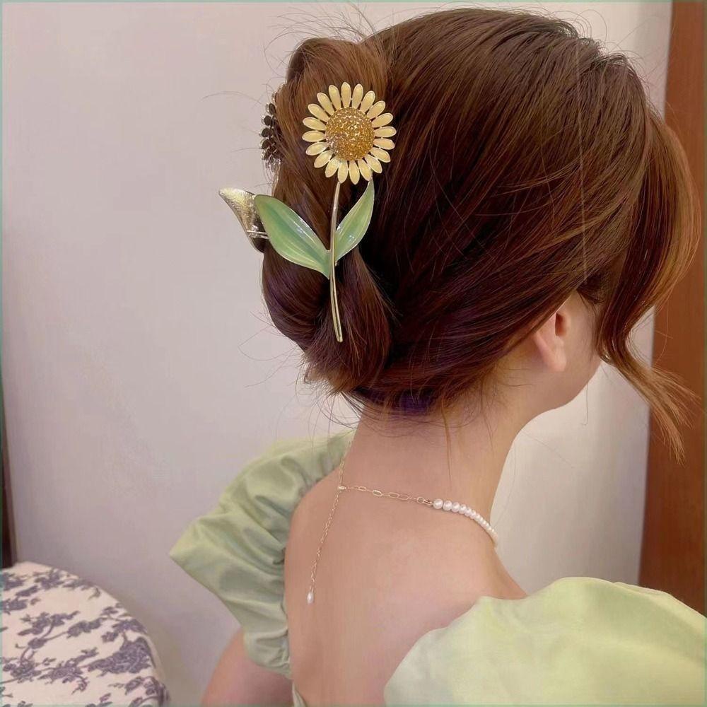 Needway Sunflower Hair Claw Hadiah Untuk Gadis Ins Gaya Hiasan Kepala Rambut Kepiting Klip Zirkon Jepit Rambut Ponytail Holder Besar Hairgrips Fashion Hiasan Kepala Korea Hair Clips