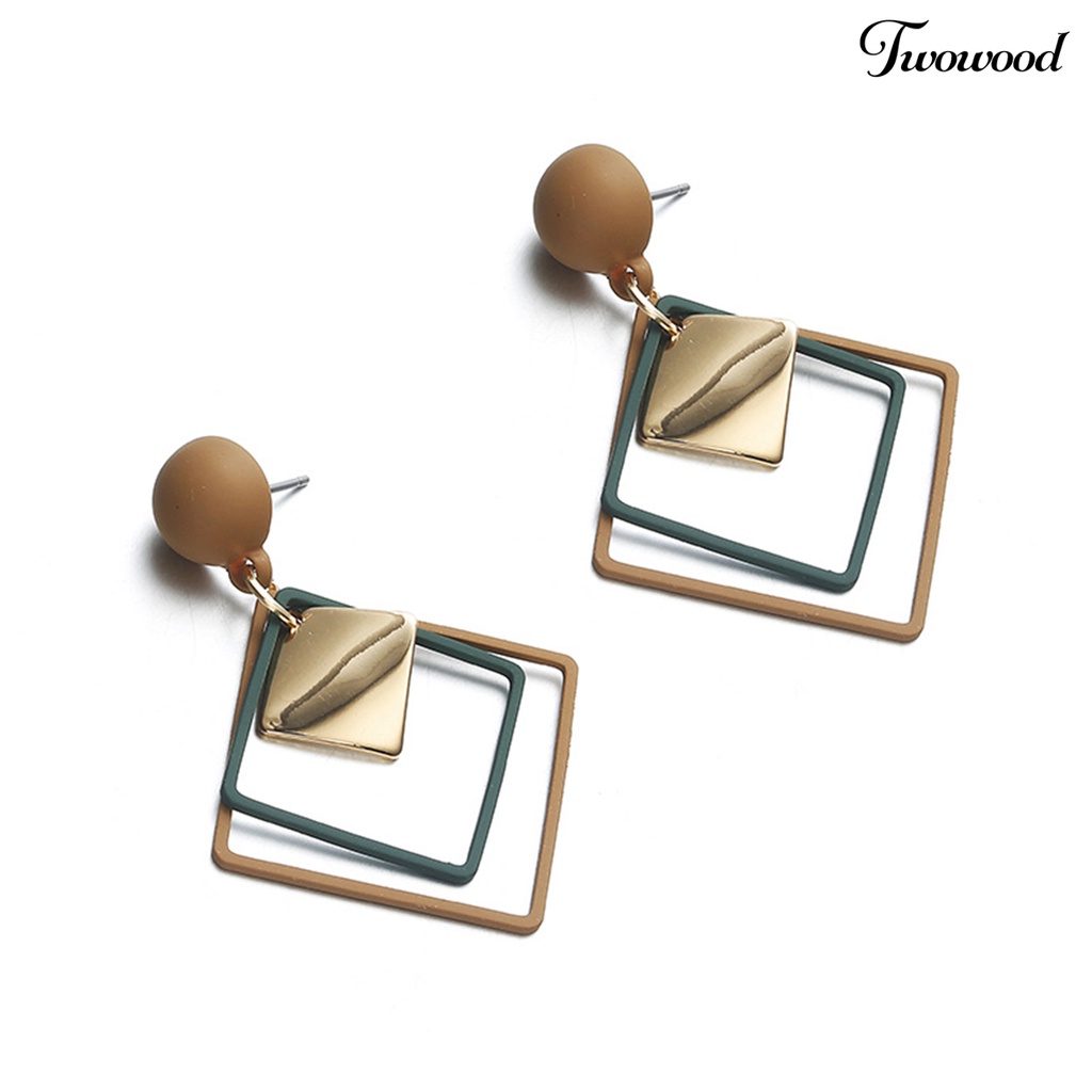 Twowood 1pasang Menjuntai Anting Geometris Matte Kepribadian Minimalis Berongga Double Belah Ketupat Wanita Stud Earrings Fashion Jewelry