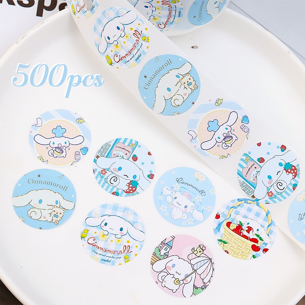 500pcs/roll Sanrio Bulat Stiker Tape Cinnamoroll Pochacco Kuromi Label Lucu Kartun Anak Hadiah Stiker Scrapbook Amplop Hadir Dekorasi