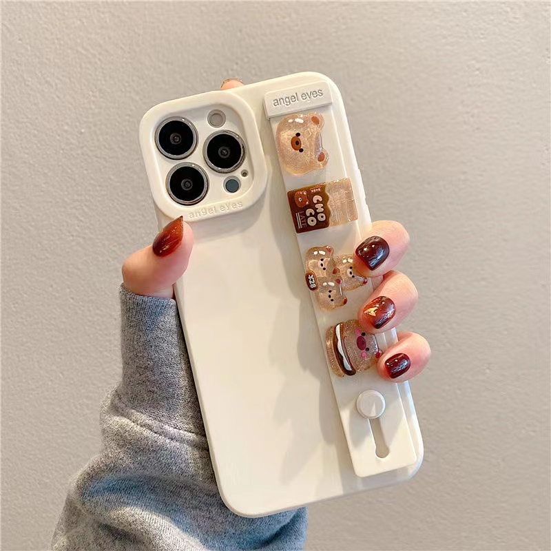 Crystal Hamburg Pig Soft Case iP iPhone 6 6S 7 8 Plus X XR SE 2020 XS Max 11 12 13 14 Pro Max 14 Plus 7+ 8+ Wrist strap Cute Bread Bear Phone Casing hp iphone