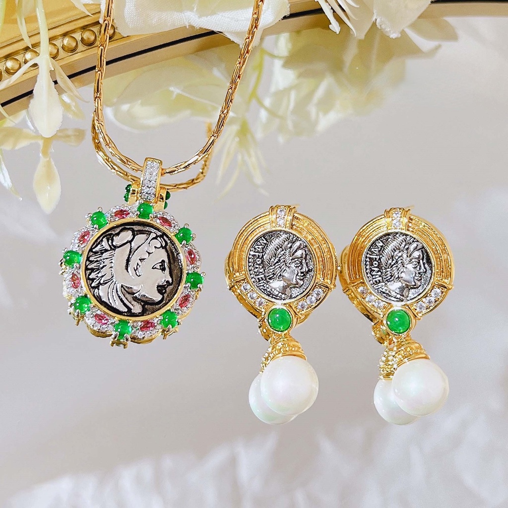 Goldkingdom Fashion Perhiasan Aksesoris Ready Stock French Retro Portrait Pearl Earring Set Wanita Bermutu Tinggi Relief Apollo Koin Kuno Liontin Kalung