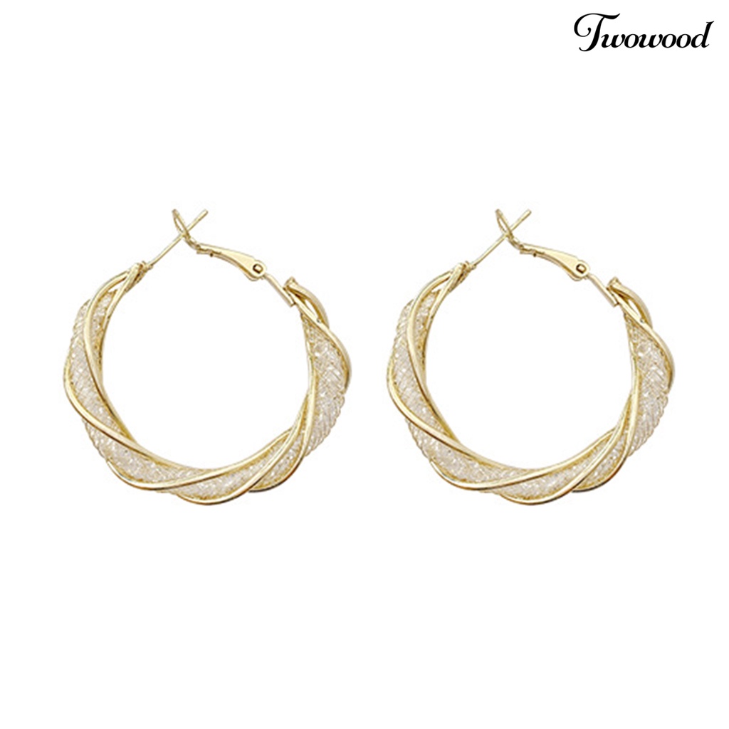 Twowood 1pasang Anting Hoop Besar Geometris Memutar Berongga Logam Lingkaran Anting Perhiasan Fashion