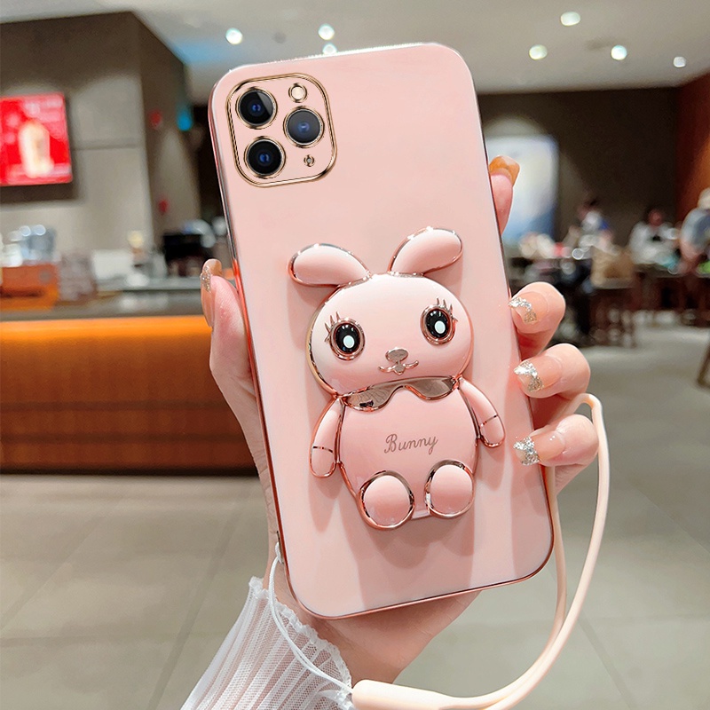 IPHONE 6d Electroplated soft shell phone case Kompatibel Untuk Iphone14 pro Max13 12 11 pro iphone7 /8 plus xs xsmax xr Dengan Tali Ponsel Kelinci bracket back cover casing
