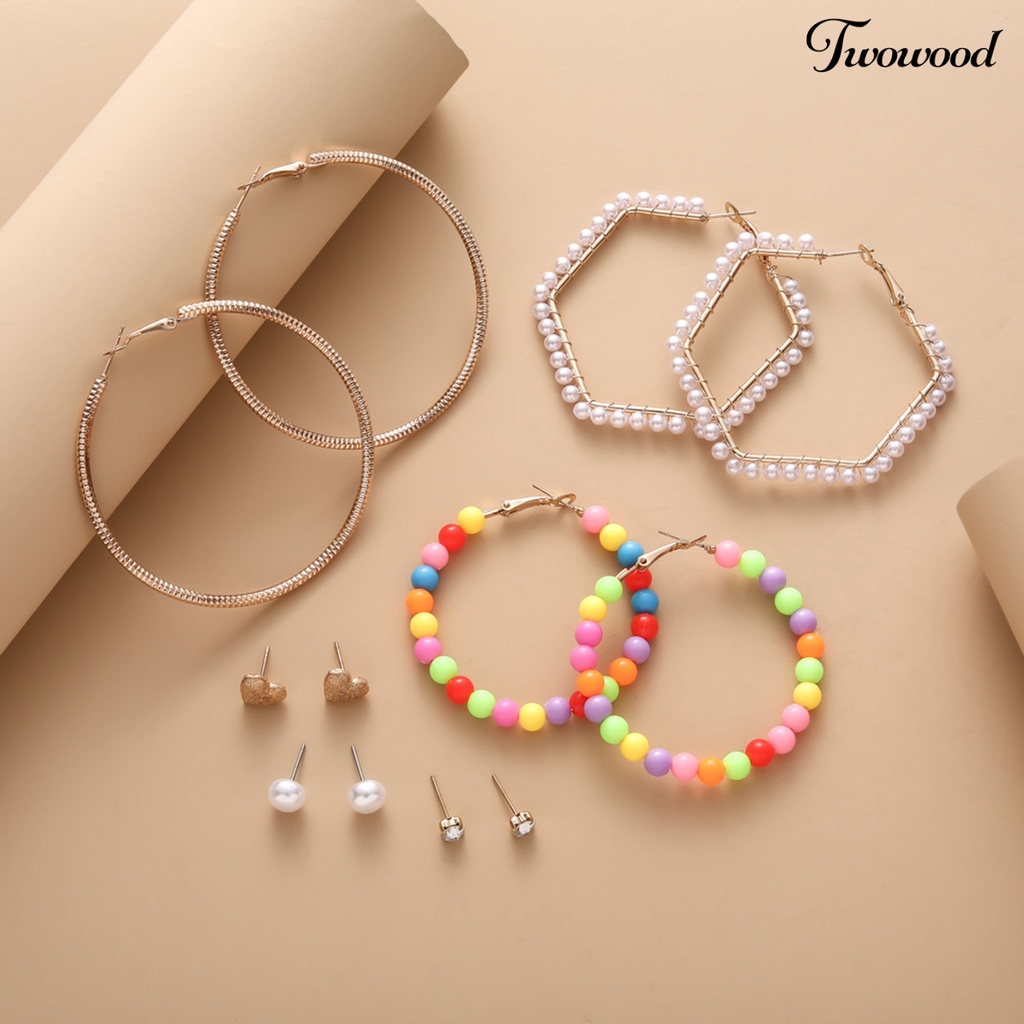 Twowood 6pasang Wanita Anting Multicolor Manik-Manik Mini Berlian Imitasi Bertatahkan Paduan Perhiasan Temperamen Telinga Dekorasi Geometris Hoop Earrings Studs Set Aksesoris Pakaian Pesta