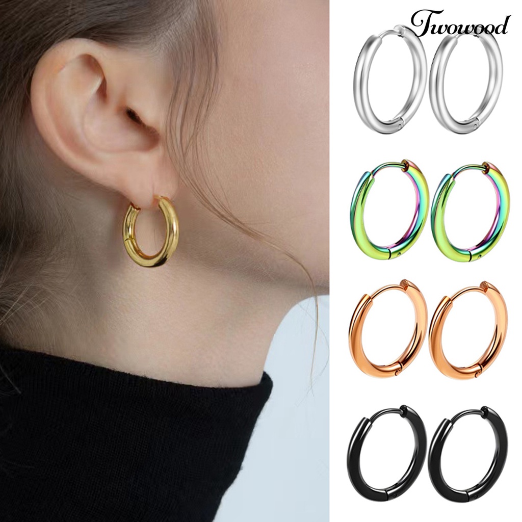 Twowood 1pasang Anting Hoop Stainless Steel Geometris Elegan Dipoles Warna Perak Anting Lingkaran Logam Fashion Perhiasan