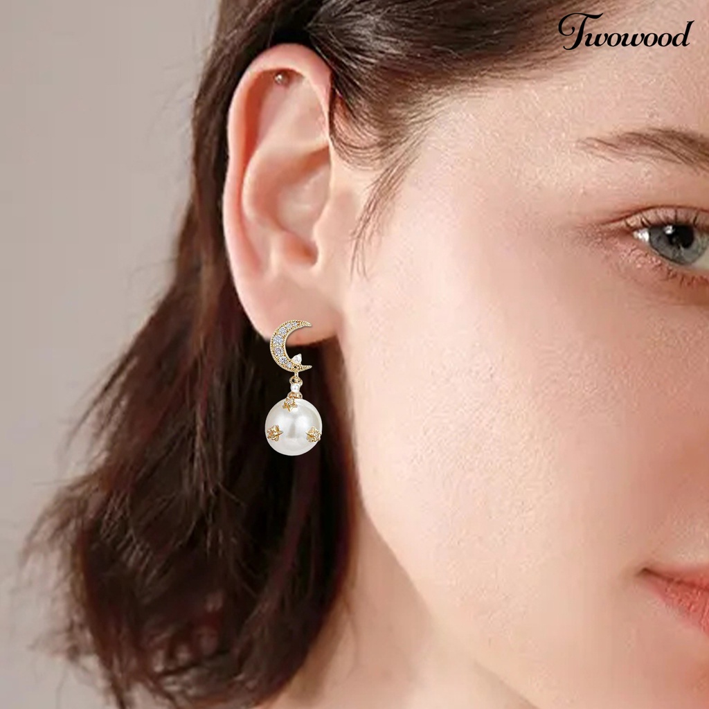 Twowood 1pasang Anting Menjuntai Shiny Asymmetric Ear Decoration Gaya Korea Anting Temperamen Mutiara Imitasi Bintang Dan Bulan Untuk Pacaran