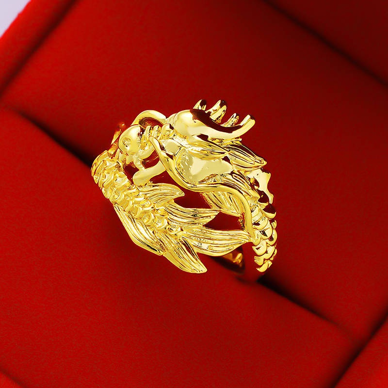 Goldkingdom Aksesoris Perhiasan Fashion Ready Stock Legacy Craft Lapis Emas Kuning Naga Phoenix Cincin Pasangan Cincin Hidup