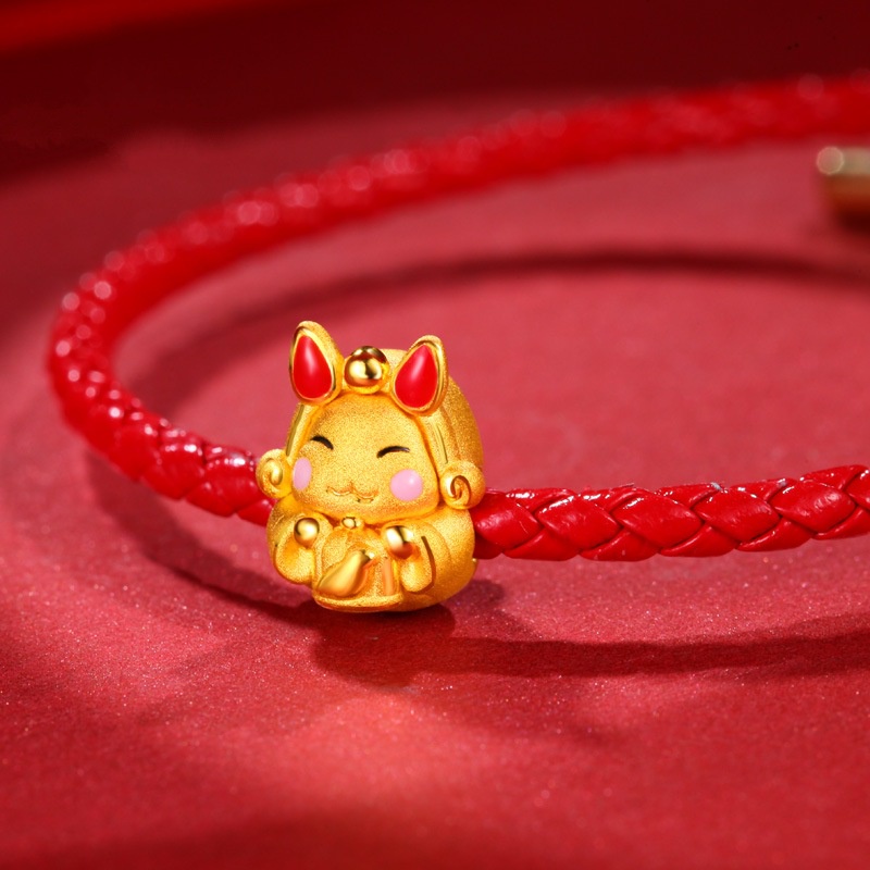 Goldkingdom Fashion Perhiasan Aksesoris Ready Stock Burma Placer Emas Asli Kadar 375 Transfer Beads Mid-Autumn Festival Rabbit Red Roasted Bird Cage Passepartout Beaded Bracelet.