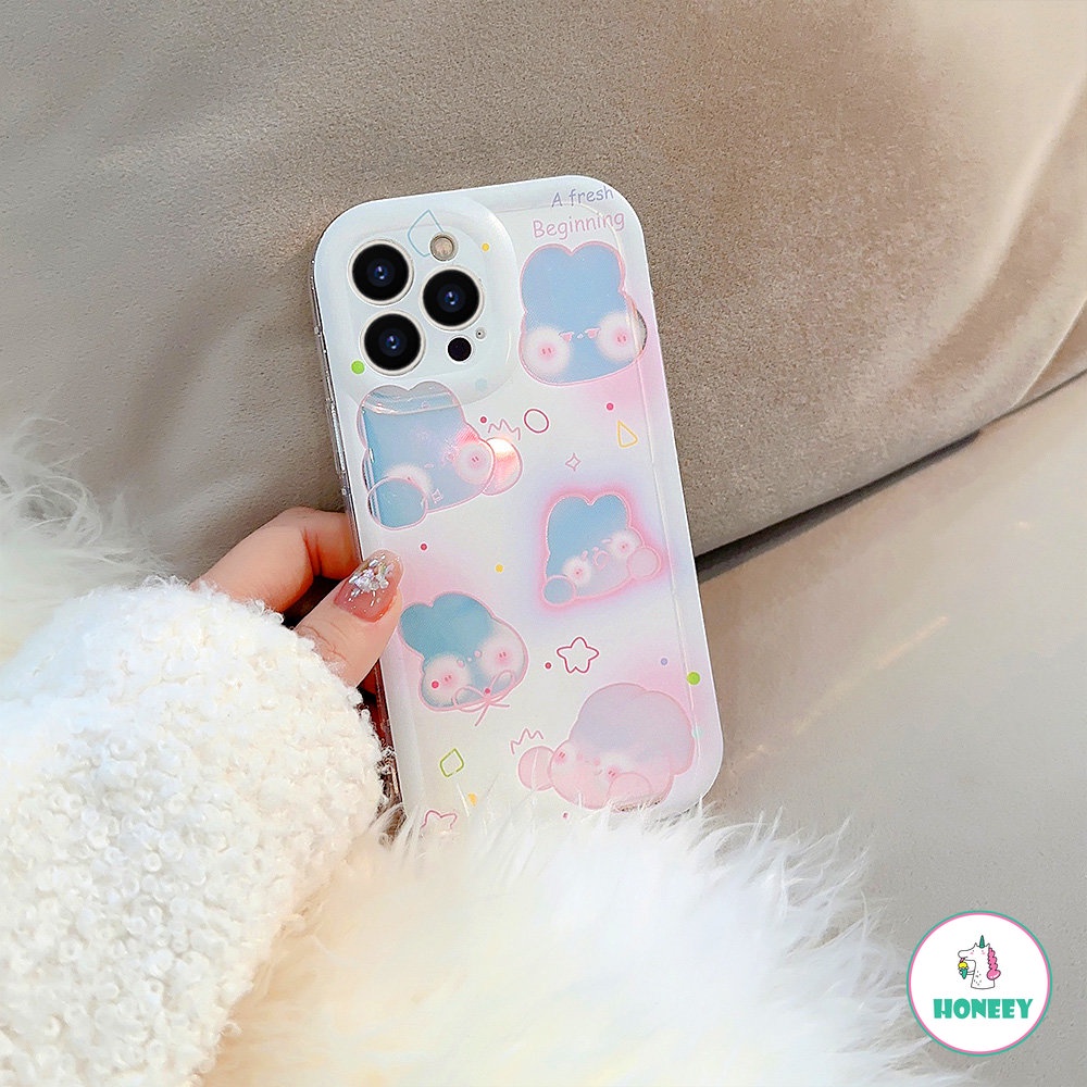 Girly Heart Laser Pink Blush Bunny Phone Case Untuk IPhone 13 Pro 11 12 14 Pro Max Silikon Lembut Shockproof Penutup Belakang