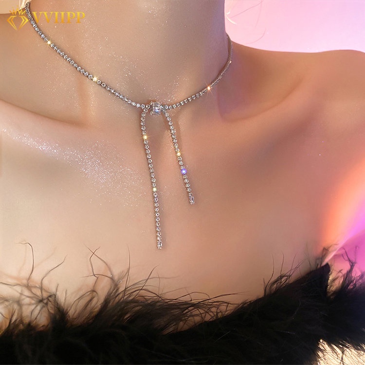 Kalung Rumbai Zircon Choker Rantai Silver Busur Kristal Mewah Untuk Aksesoris Perhiasan Wanita