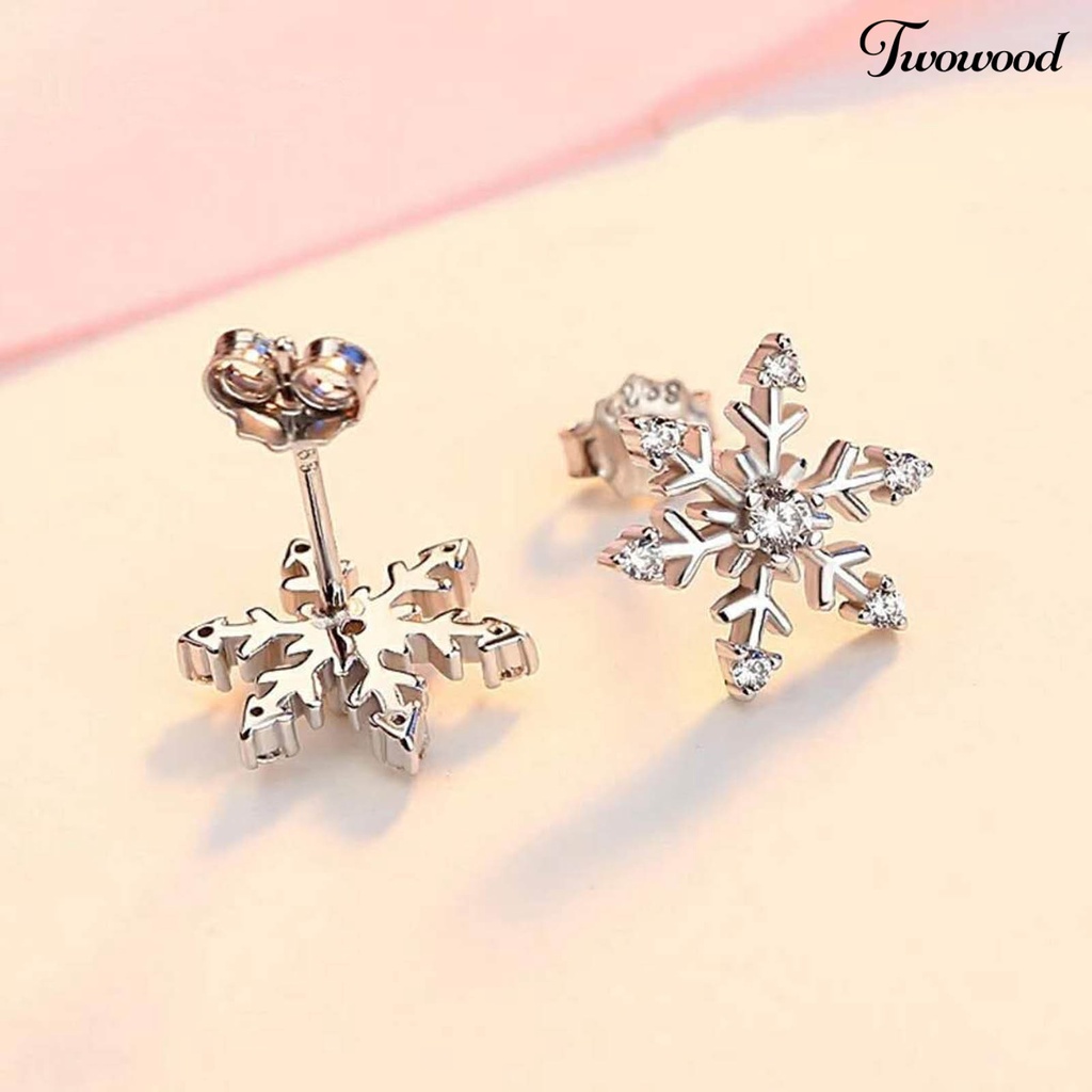 Twowood 1pasang Ear Studs Elegan Geometris Berlian Imitasi Mengkilap Hias Berkilau Berdandan Hadiah Natal Wanita Snowflake Stud Earrings Perhiasan Pakaian Sehari-Hari