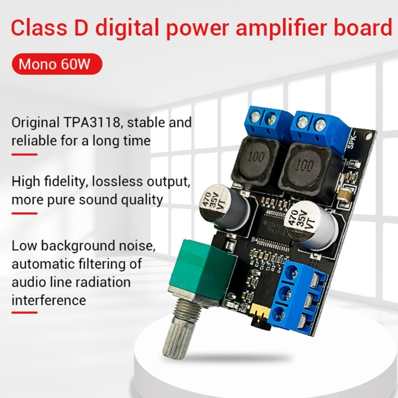 Btsg Mono Channel Digital-Power Amplifier Board 60W 12V24V Papan Kapasitas Besar