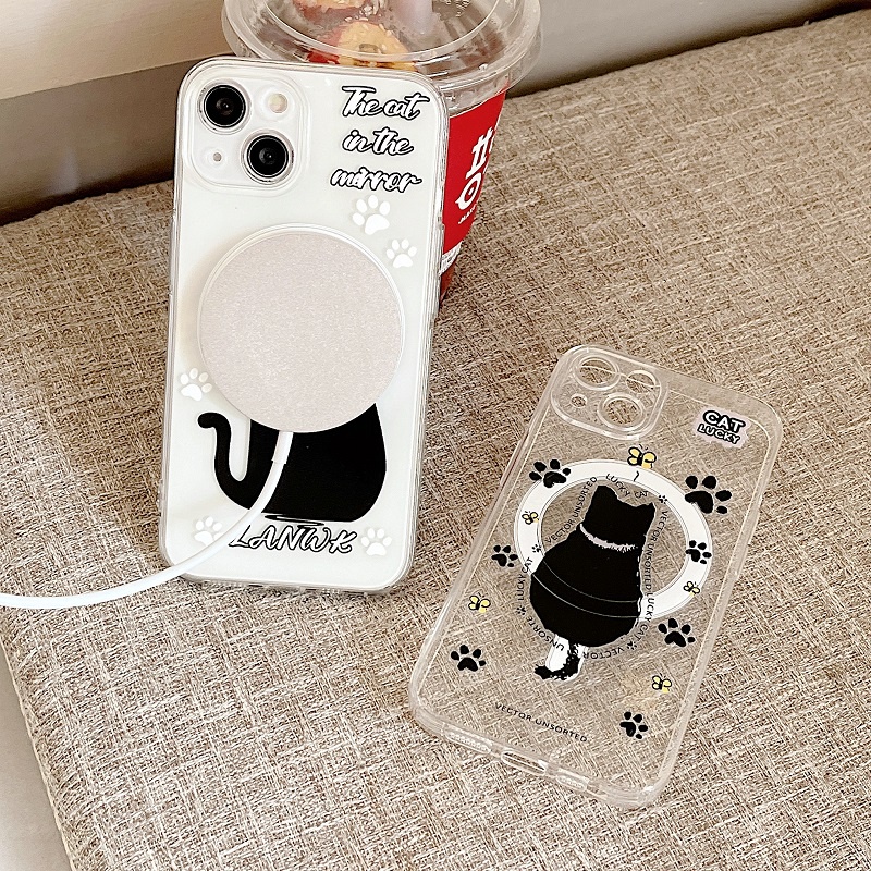 IPHONE Casing Magnetik Handphone Untuk Iphone14 13 12 11 Pro Max Kartun Kucing Hitam Lucu Soft case Transparan