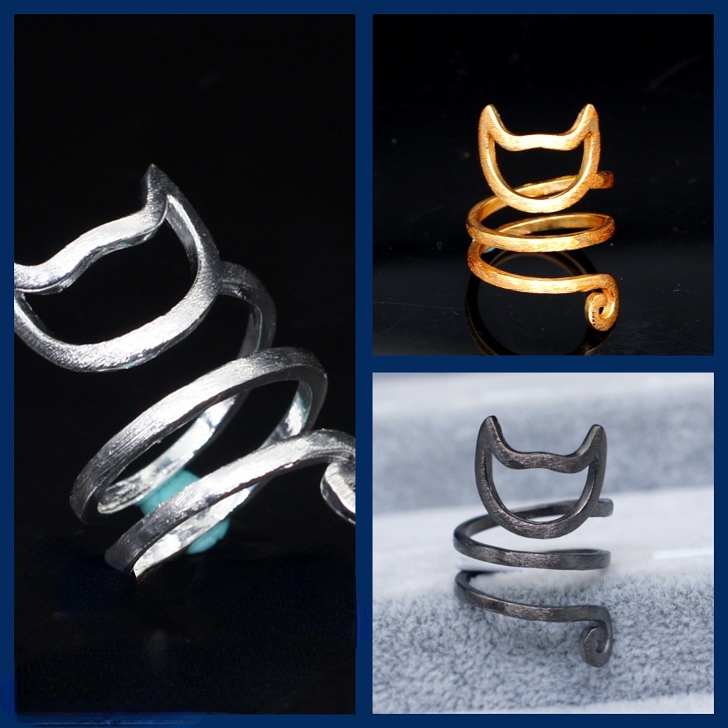 Goldkingdom Aksesoris Perhiasan Fashion Ready Stock Desain Asli Kepribadian Berlapis Perak Perhiasan Perak Berliku Brushed Cute Cat Ring Female Adjustable