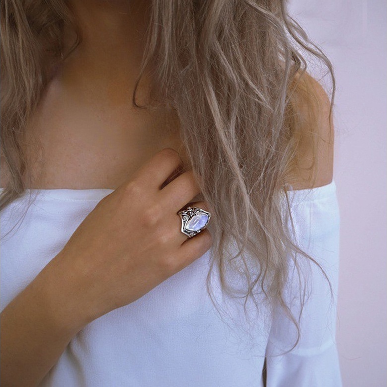 Goldkingdom Fashion Perhiasan Aksesoris Ready Stock Retro Moonlight Batu Thai Perak Cincin Pok Feng Kua Zhang Perhiasan Tangan Grosir