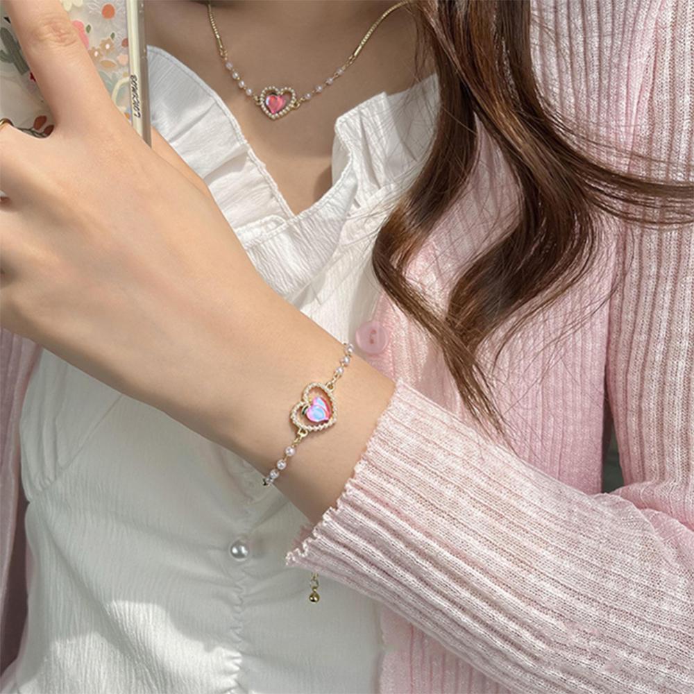 Timekey Peach Mutiara Imitasi Gelang Kalung Paduan Sederhana Cinta Liontin Klavikula Rantai Kalung Gelang Perhiasan D7F4