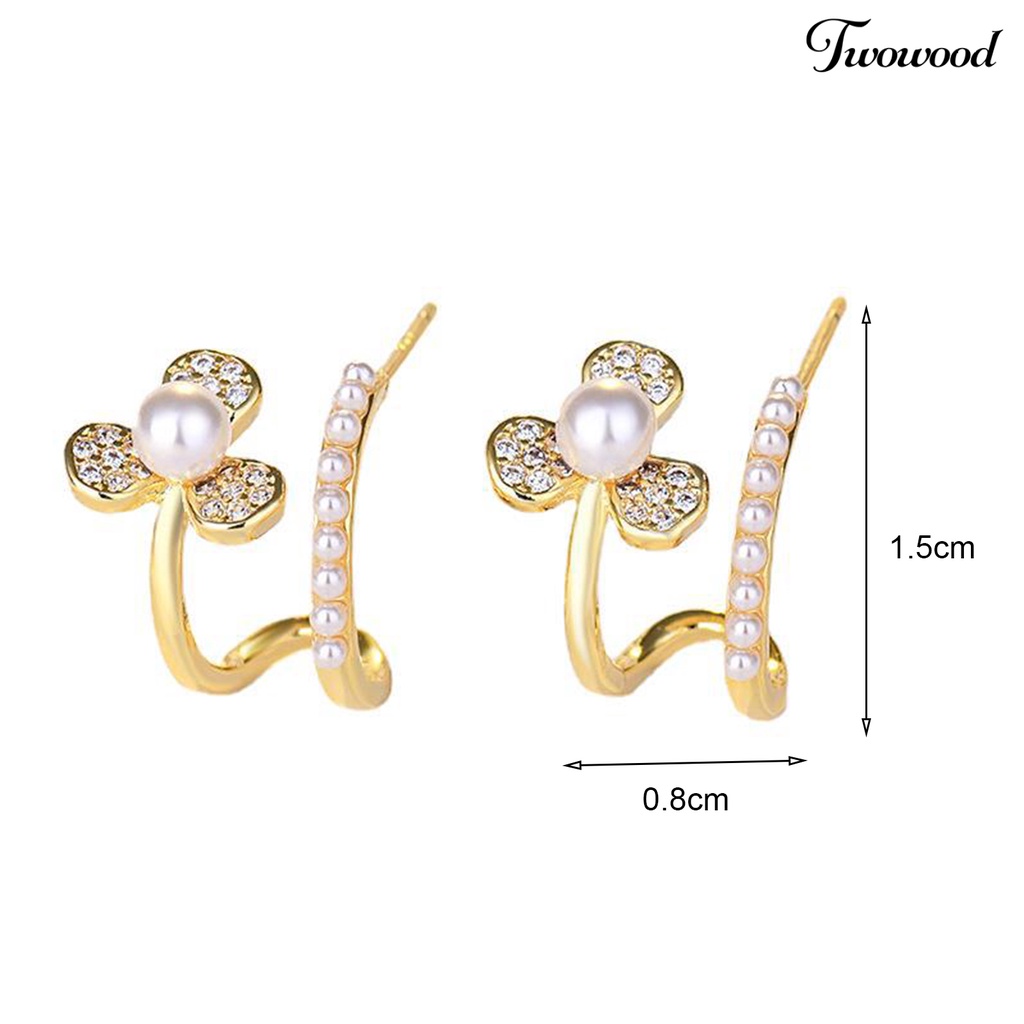 Twowood Ear Studs High Gloss Mutiara Imitasi Berbentuk U Elegan Perhiasan Fashion Bling Berlian Imitasi Bunga Wanita Anting Untuk Pacaran