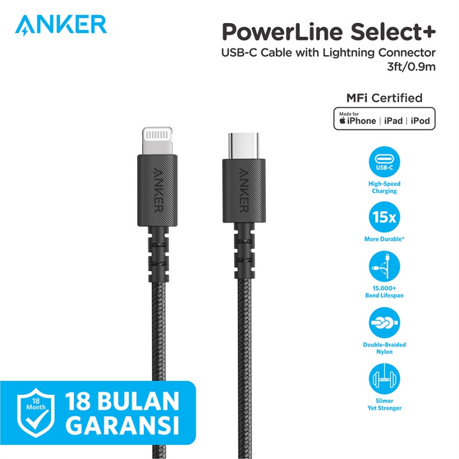 Kabel Charger Anker PowerLine Select+ C to Lightning 3ft - A8617