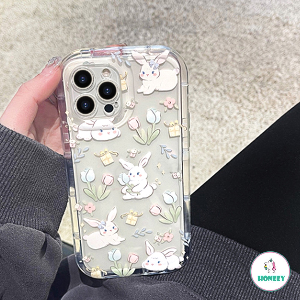 Cute Floral Flowers Rabbit Tebal Casing Ponsel Untuk iPhone 14 Pro 13 12 11 Pro Cover Silikon Lembut Indah Bumper Ponsel Bening Penutup Belakang