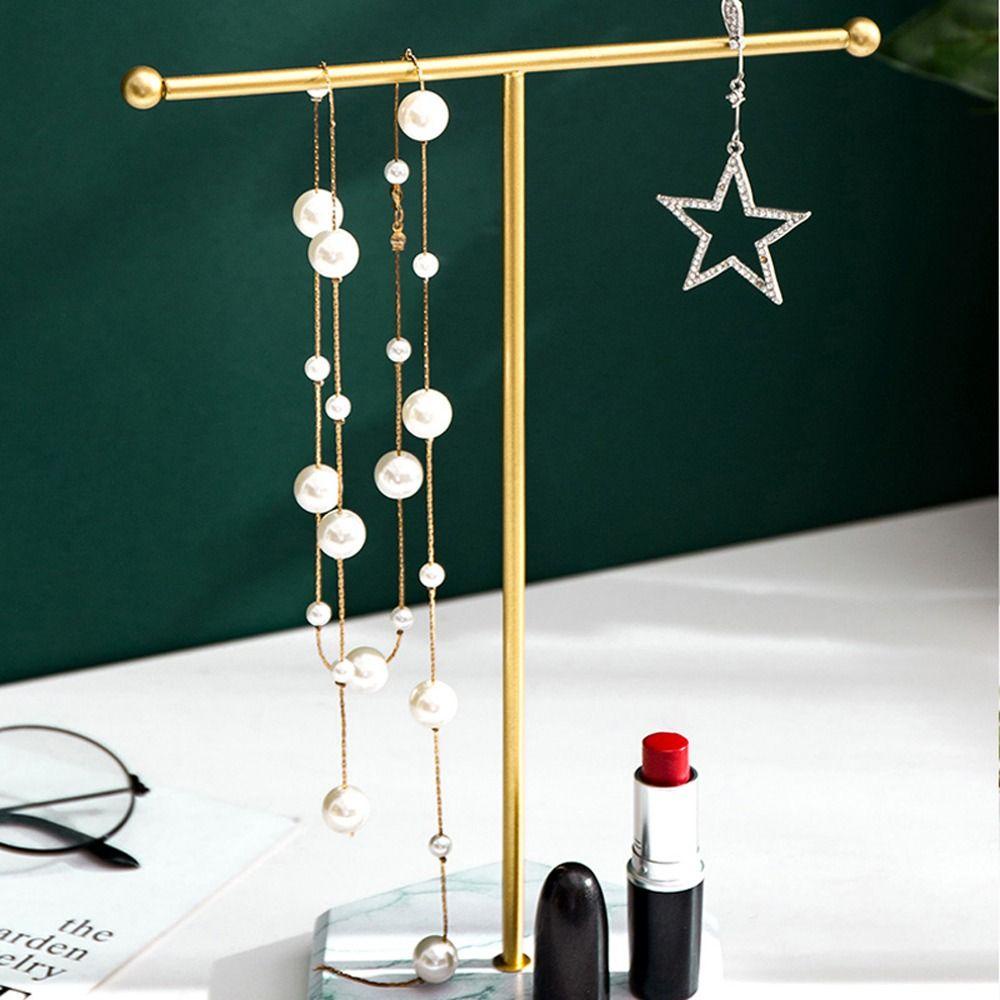 Mxbeauty Display Perhiasan Berdiri Fashion Simple Jewelry Organizer T-shaped Earrings Holder Bracket Besi Imitasi Marmer Bawah Kalung Holder