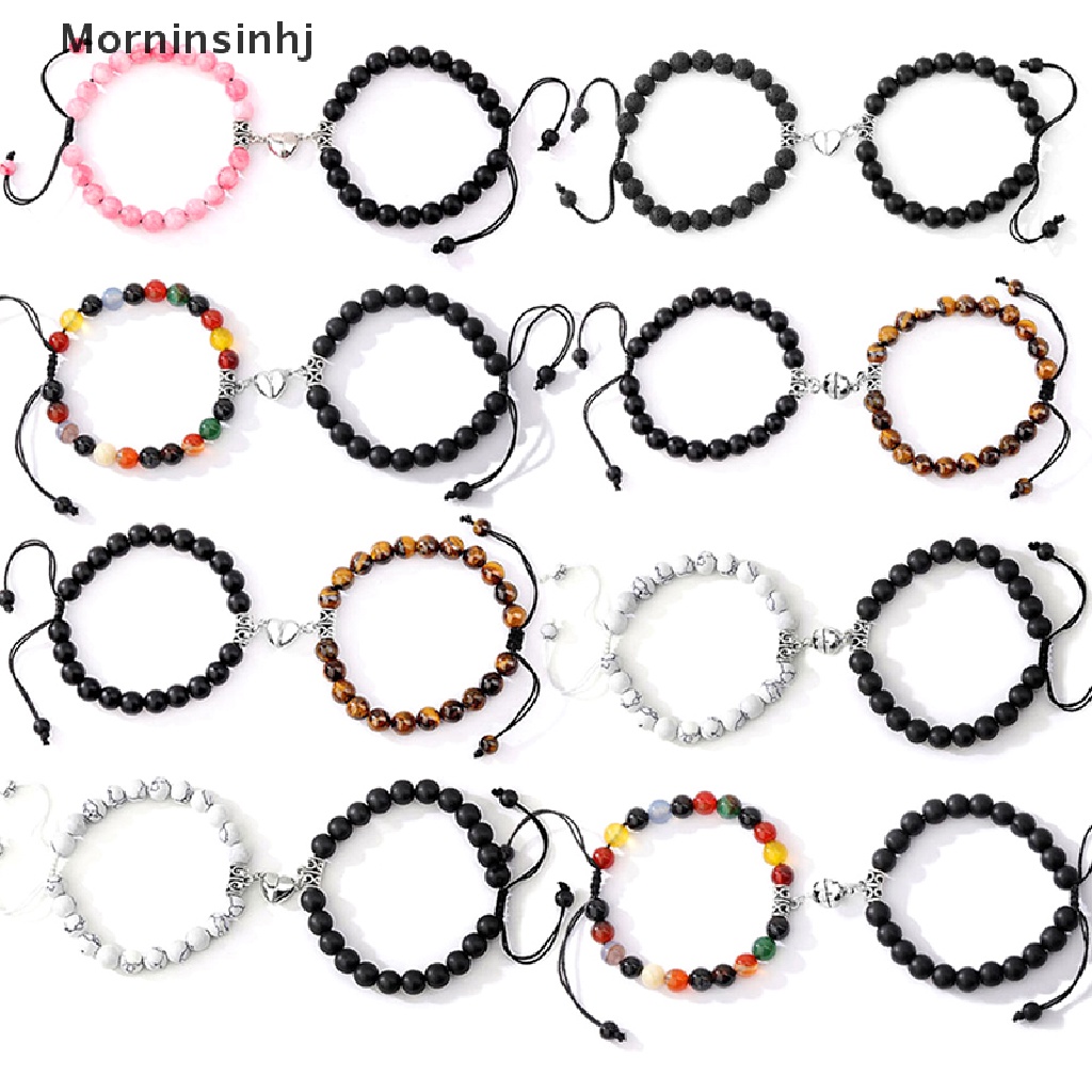 Mornin 2pcs/set Magnet Couple Gelang Untuk Wanita Pria Romantis Hati Pencocokan Kekasih Manik-Manik Batu Alam Yoga Gelang Valene Hadiah Perhiasan id