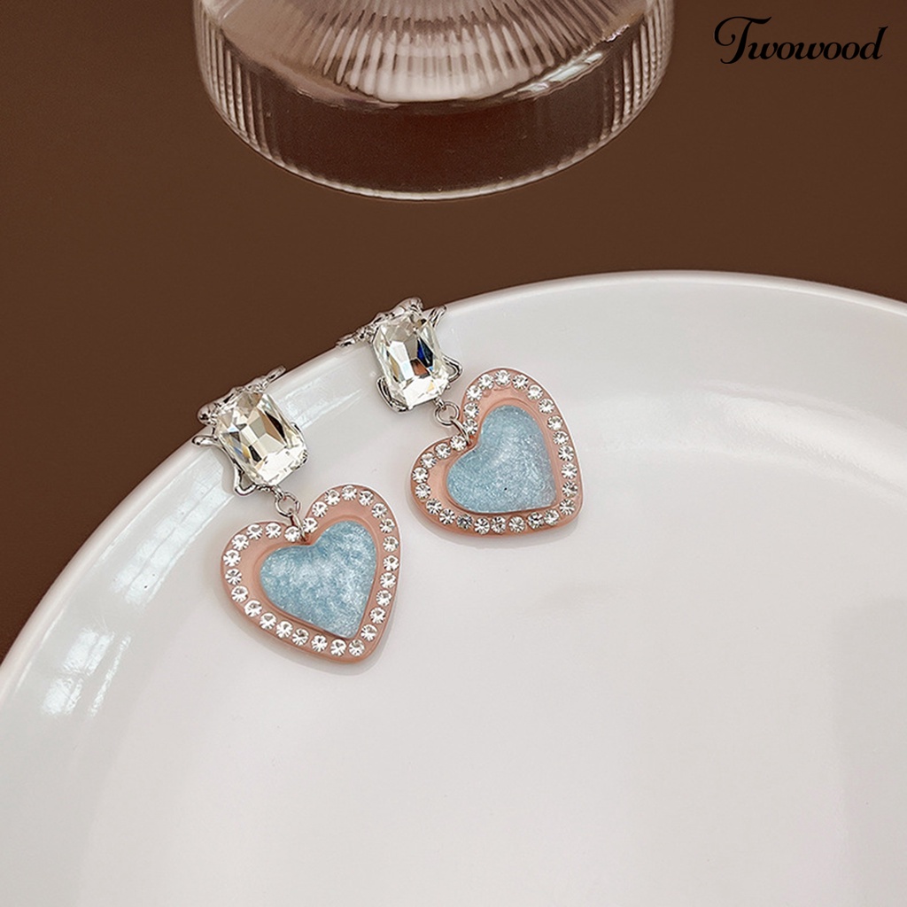 Twowood 1pasang Menjuntai Anting Vintage Romantis Bersinar Cubic Zirconia Hias Geometris Hadiah Wanita Hati Liontin Stud Earrings Pesona Perhiasan Untuk Pacaran